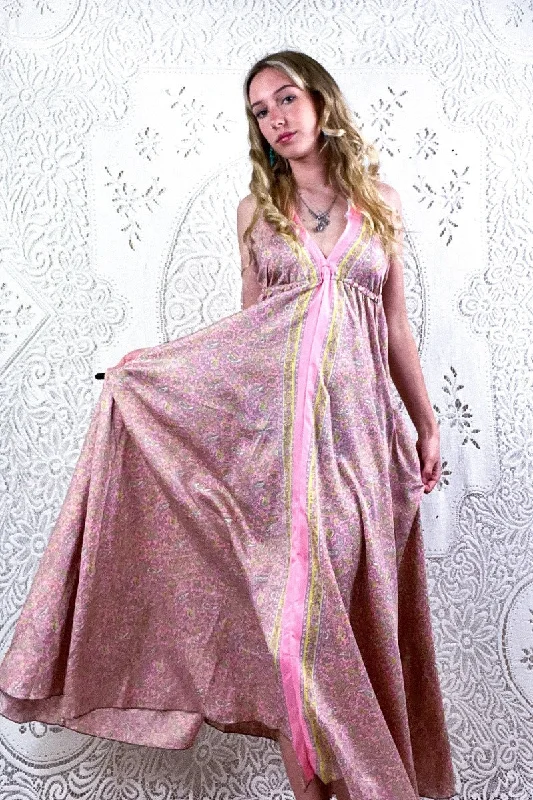 Eden Halter Maxi Dress - Vintage Sari - Pastel Pink & Chartreuse Paisley - Free Size S/M