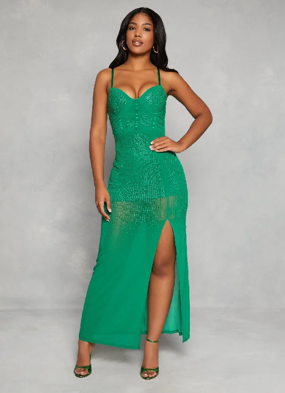 Rhinestone Mesh Side Slit Maxi Dress