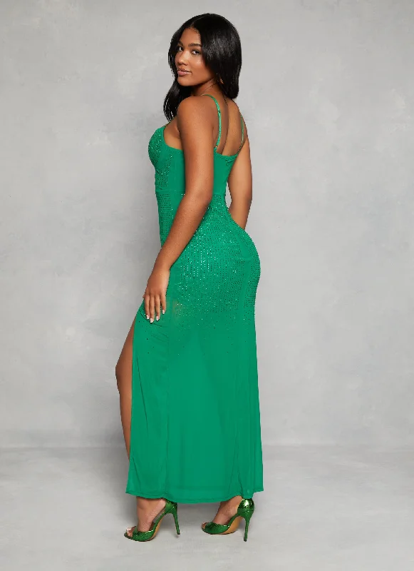 Rhinestone Mesh Side Slit Maxi Dress