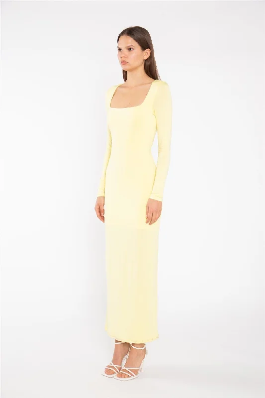 Lemon-Yellow Square-neck Maxi-Dress