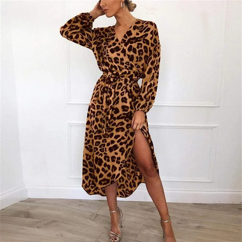 FashionSierra - Leopard Dress Women Loose Long Sleeve Deep V-neck A-line Dress