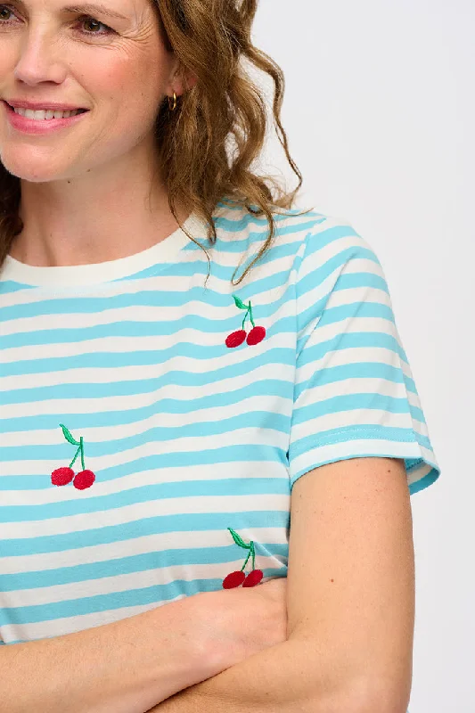 Maggie T-shirt - Blue/White, Cherry Embroidery