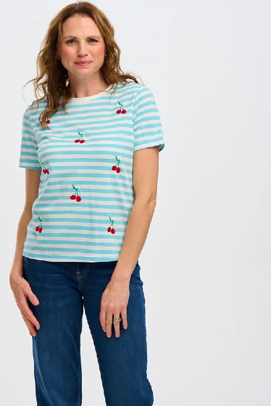 Maggie T-shirt - Blue/White, Cherry Embroidery