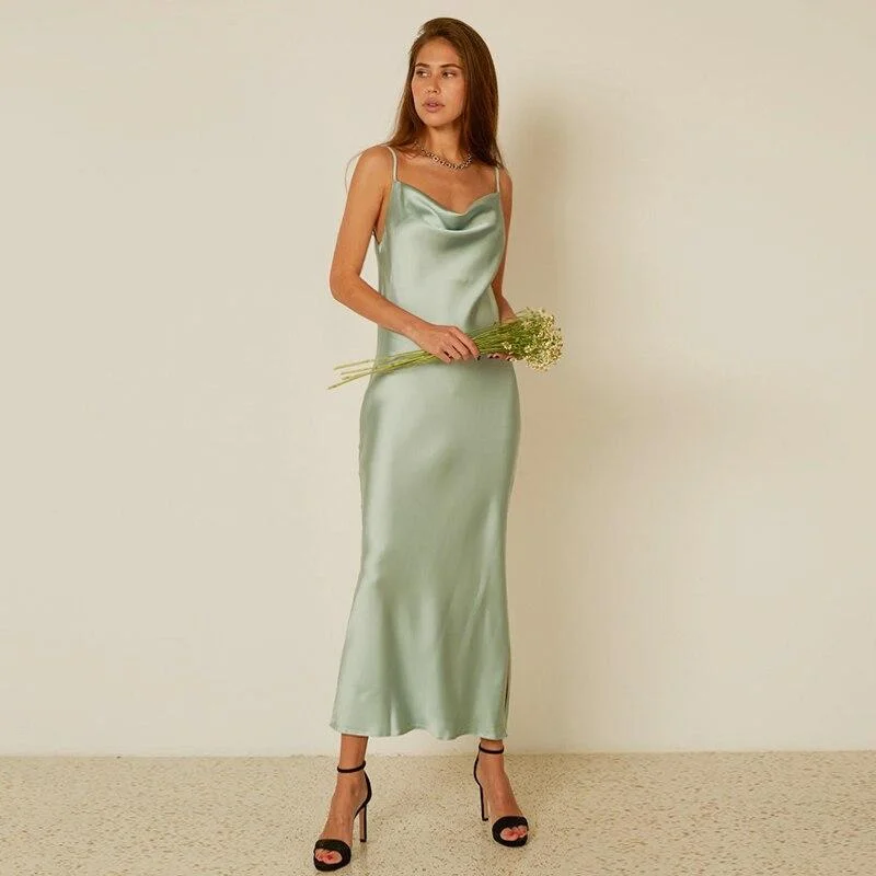 FashionSierra - Mint Green Strap Satin Party Nightclub Midi Dress