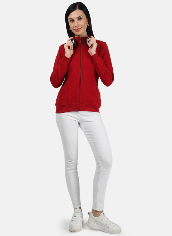 Women Red Plain Sweatshirt