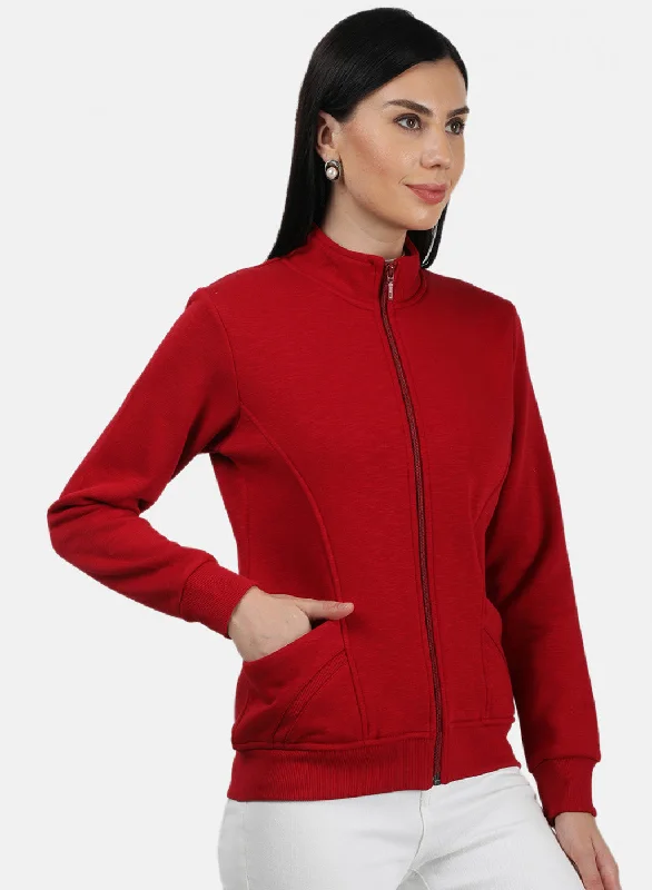 Women Red Plain Sweatshirt