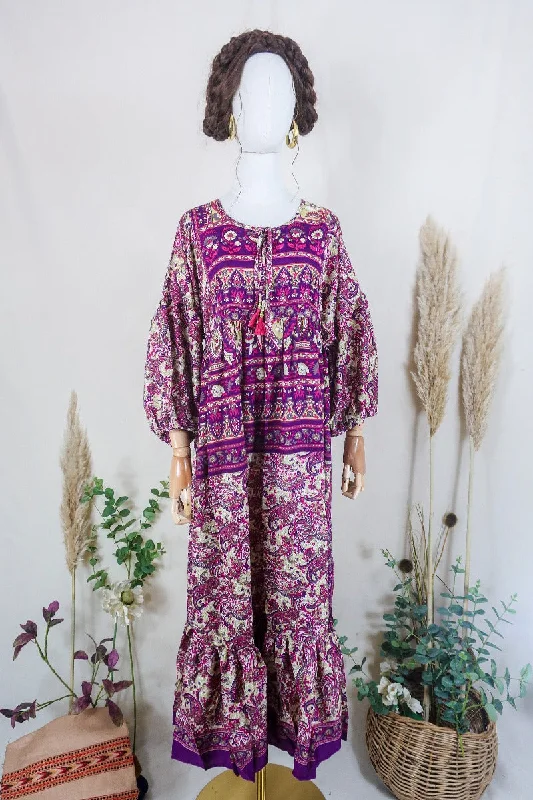 Poppy Smock Dress - Vintage Sari - Violet & Champagne Flowers - S