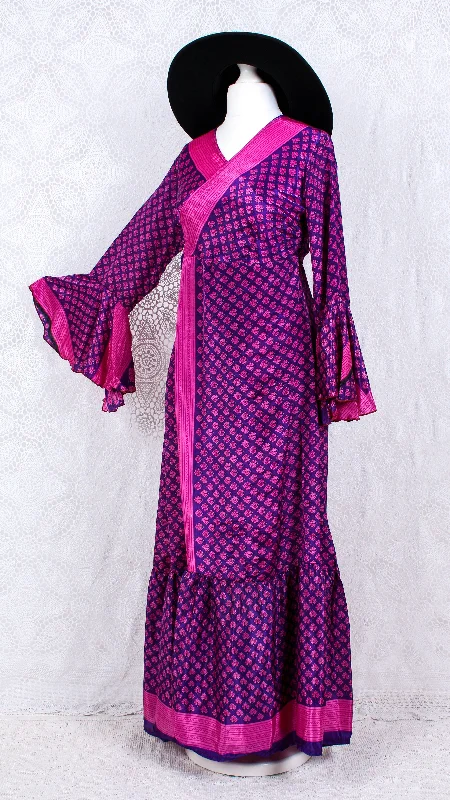 SALE Sylvia Wrap Dress - Vintage Indian Sari - Purple & Pink Floral (S/M - L)