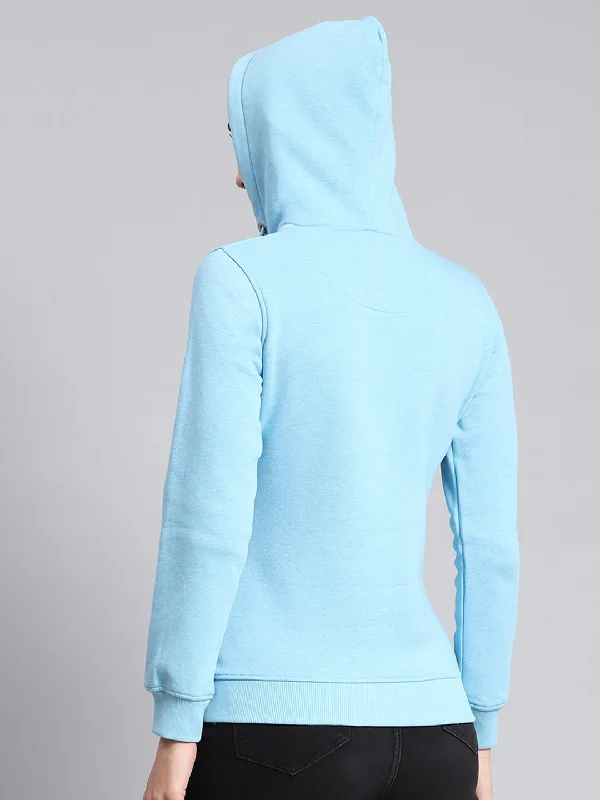 Women Blue Printed Hooded Full Sleeve Sweatshirts