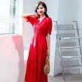 FashionSierra - Women Cotton Patchwork Lace Dresses V-Neck Lantern Sleeve Maxi Dress