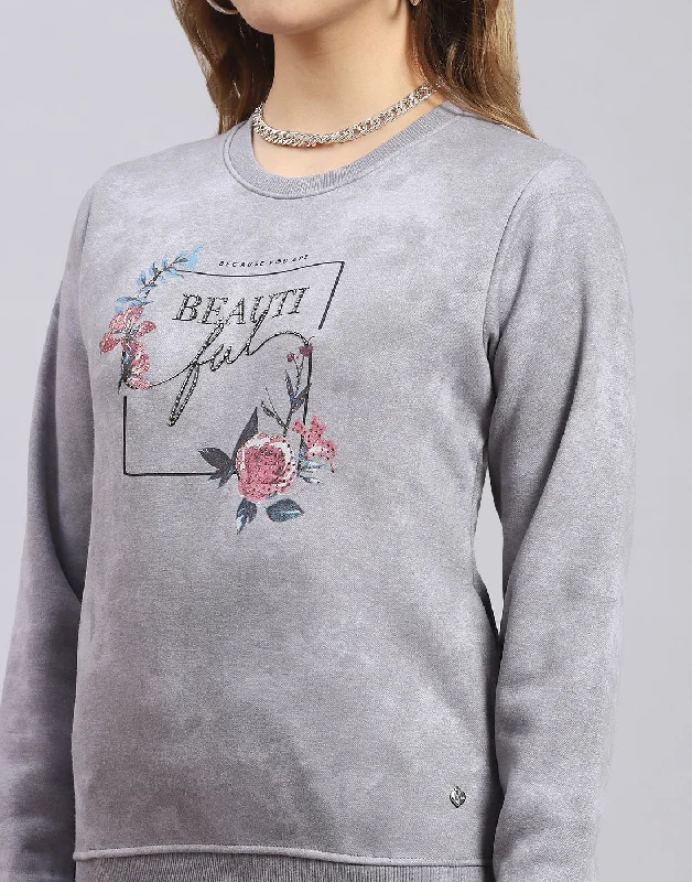 Women Grey Printed Round Neck Full Sleeve Sweatshirt