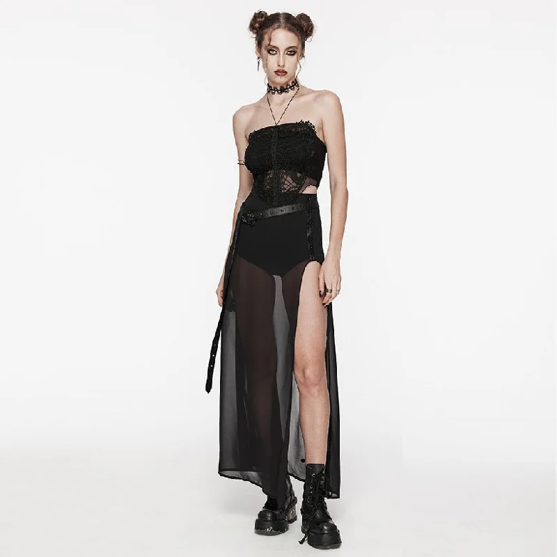 Women's Gothic Studded Split Chiffon Skirt with Belt