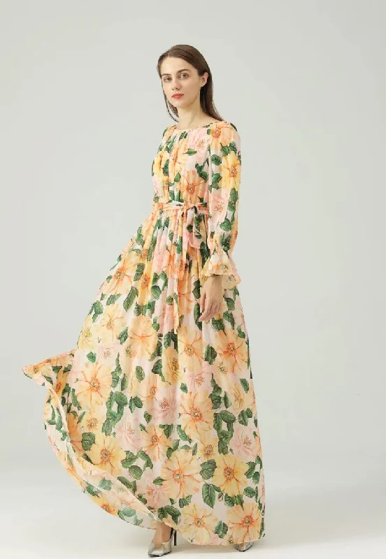 FashionSierra - Printed Sash Belt Fashion Maxi Dress