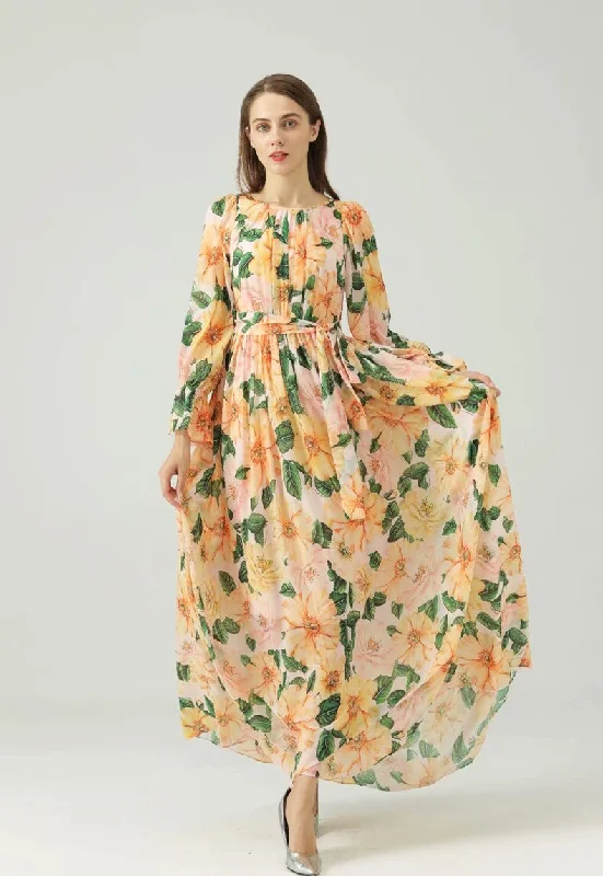 FashionSierra - Printed Sash Belt Fashion Maxi Dress