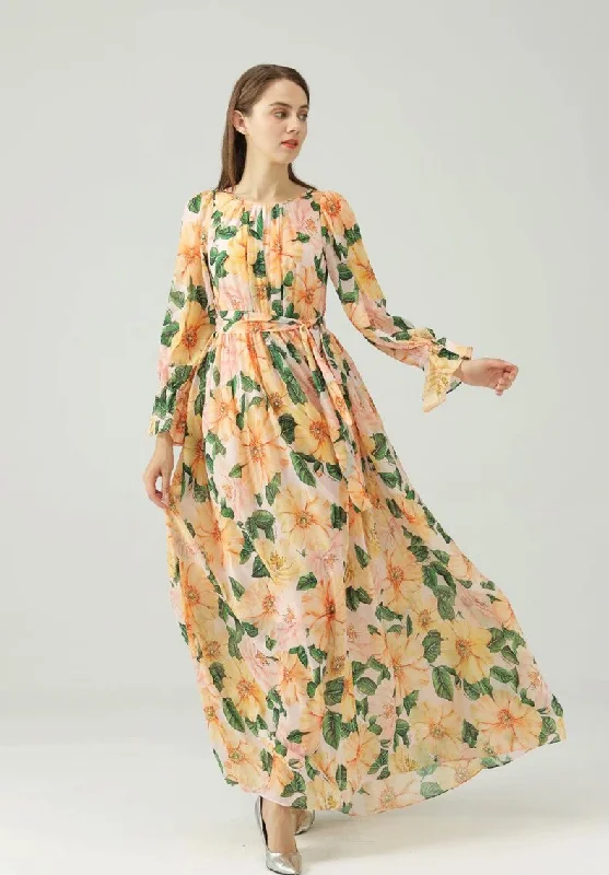 FashionSierra - Printed Sash Belt Fashion Maxi Dress