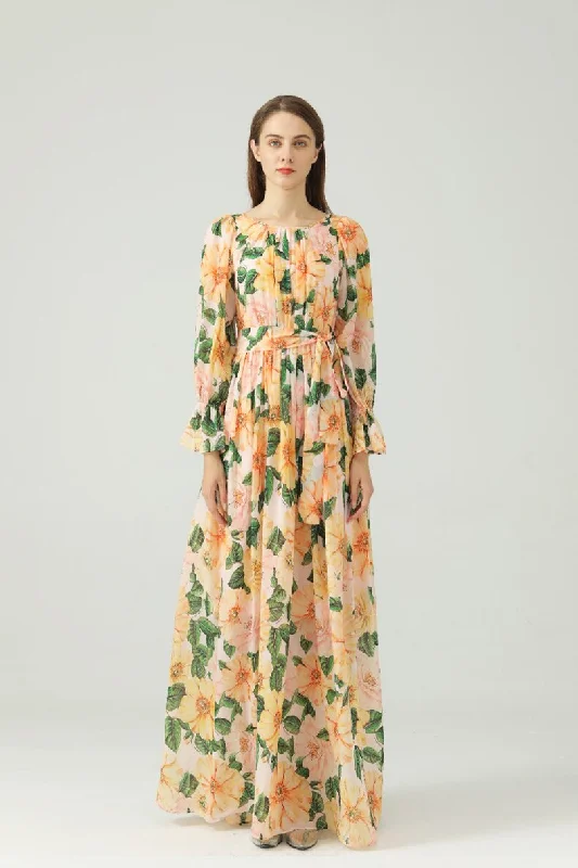 FashionSierra - Printed Sash Belt Fashion Maxi Dress