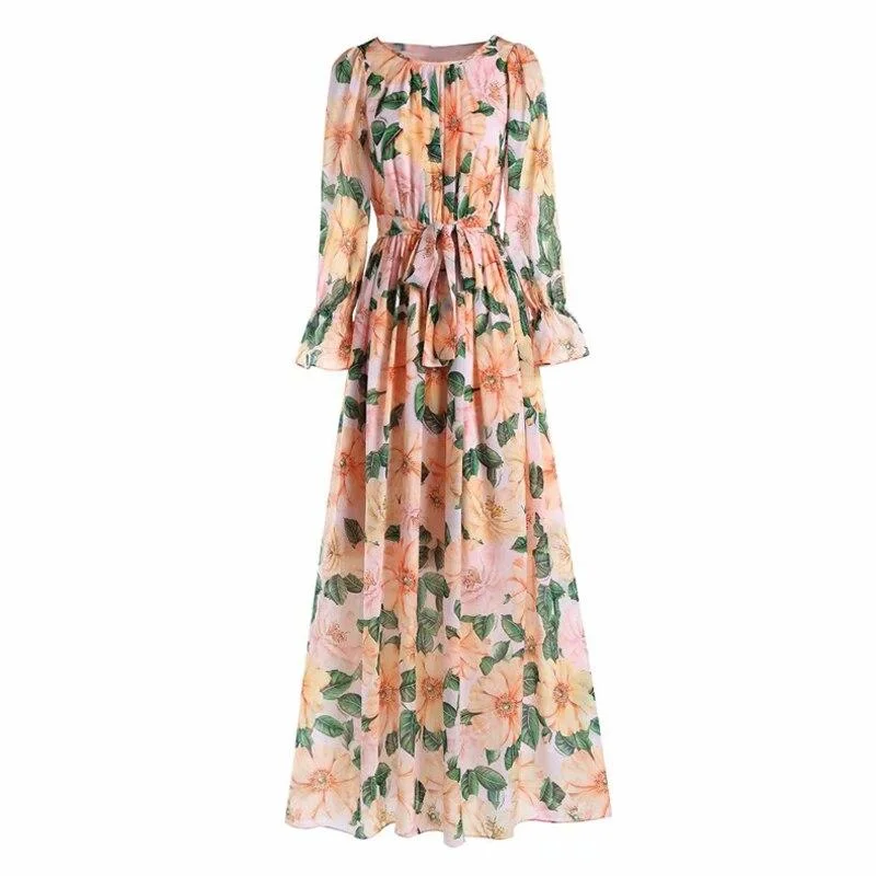 FashionSierra - Printed Sash Belt Fashion Maxi Dress