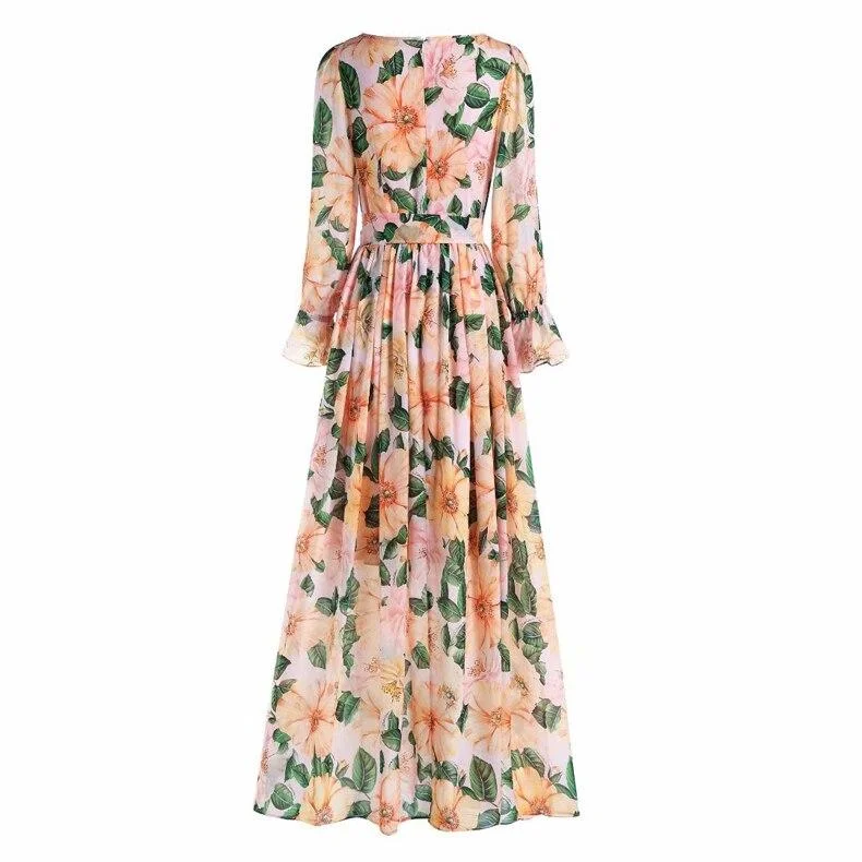 FashionSierra - Printed Sash Belt Fashion Maxi Dress