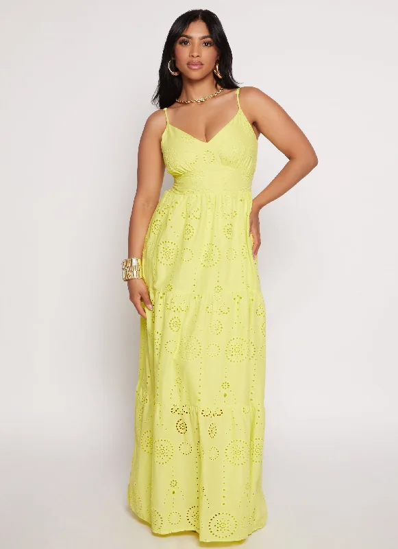 Eyelet Tie Back Tiered Maxi Dress